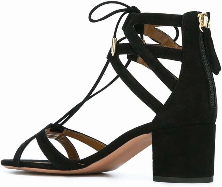 YDN Classic Strappy Low Block Heel Sandals for Women Open Toe Cross Straps Dress Shoes with Lace-up Size 4-15 M US