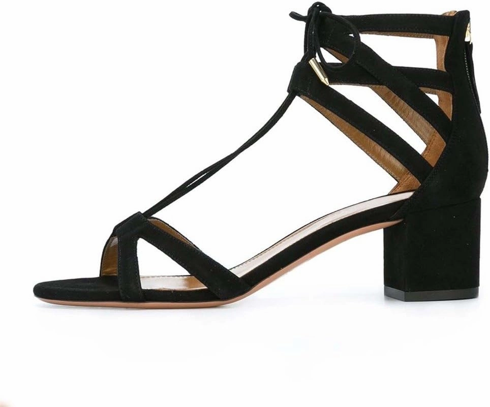YDN Classic Strappy Low Block Heel Sandals for Women Open Toe Cross Straps Dress Shoes with Lace-up Size 4-15 M US