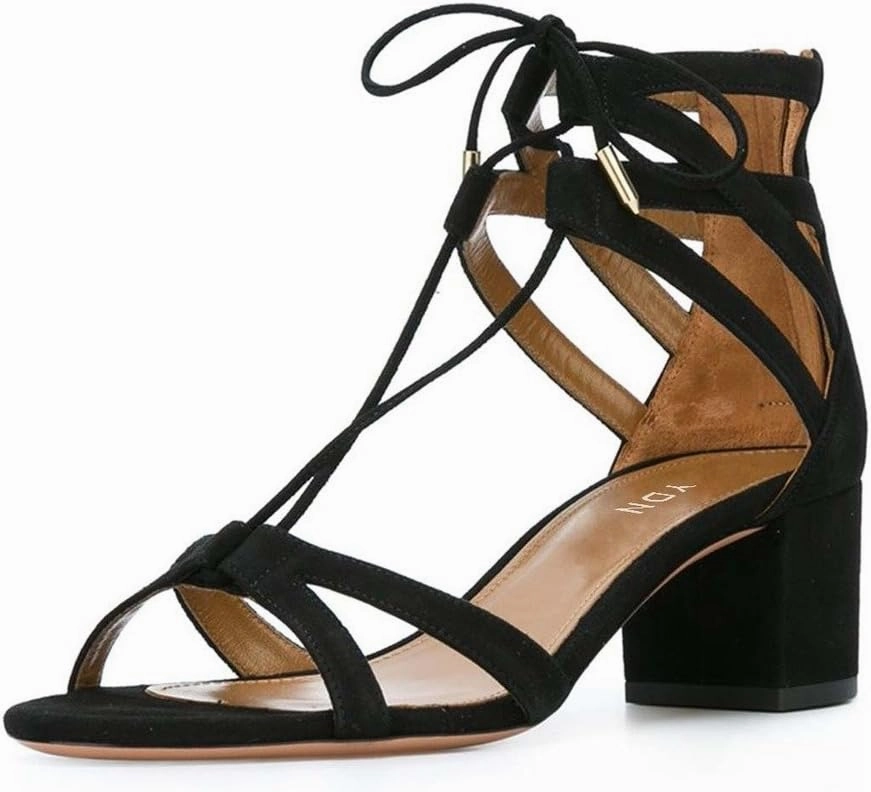 YDN Classic Strappy Low Block Heel Sandals for Women Open Toe Cross Straps Dress Shoes with Lace-up Size 4-15 M US