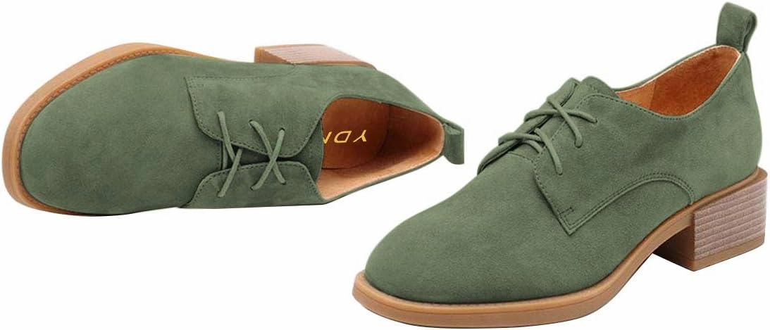 YDN Women Casual Lace Up Oxford Pumps Chunky Block Low Heel Classic Square Closed Toe Suede Ladies Fall Shoes