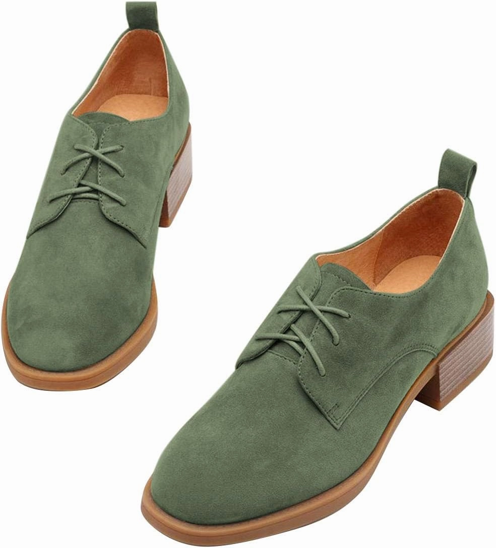YDN Women Casual Lace Up Oxford Pumps Chunky Block Low Heel Classic Square Closed Toe Suede Ladies Fall Shoes