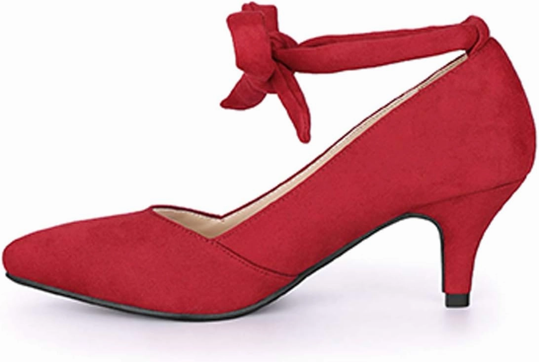 YDN Women Stylish Ankle Strappy Tie Up Kitten Low Heels Pumps Classic Closed Pointed Toe Slip On Dress Shoes