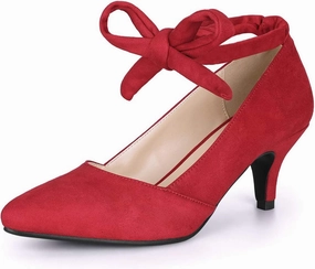 YDN Women Stylish Ankle Strappy Tie Up Kitten Low Heels Pumps Classic Closed Pointed Toe Slip On Dress Shoes