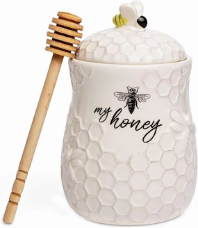 Young's Inc. Ceramic Honey Jar with Wooden Honey Dipper - Farmhouse Kitchen Decor - Tea Accessories