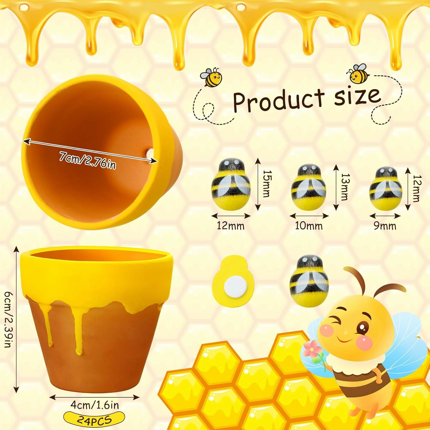 Yungyan 24 Pack Mini Honey Bee Pots with Bee Charms for Cupcake Planter Ceramic Honey Jars for Baby Shower Guests Wedding 1st Birthday Party Favors (Classic Style)