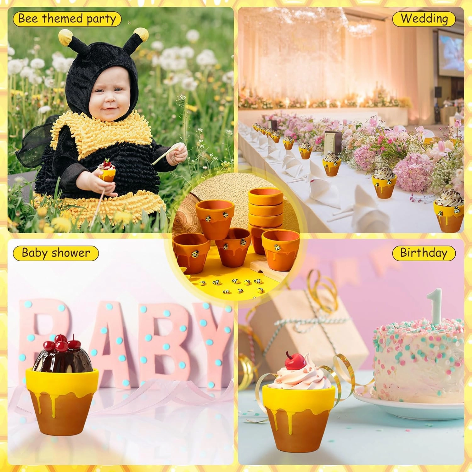 Yungyan 24 Pack Mini Honey Bee Pots with Bee Charms for Cupcake Planter Ceramic Honey Jars for Baby Shower Guests Wedding 1st Birthday Party Favors (Classic Style)