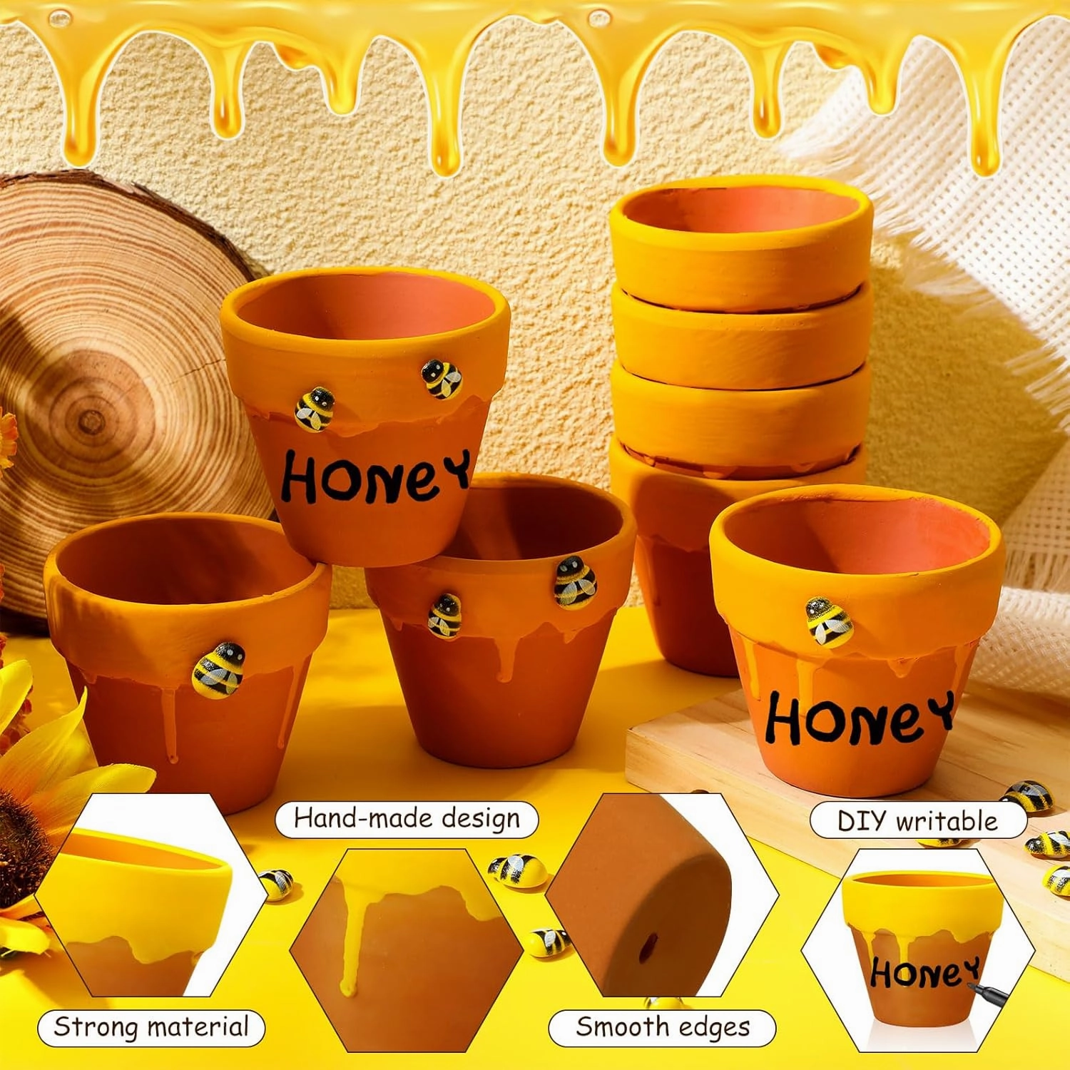 Yungyan 24 Pack Mini Honey Bee Pots with Bee Charms for Cupcake Planter Ceramic Honey Jars for Baby Shower Guests Wedding 1st Birthday Party Favors (Classic Style)
