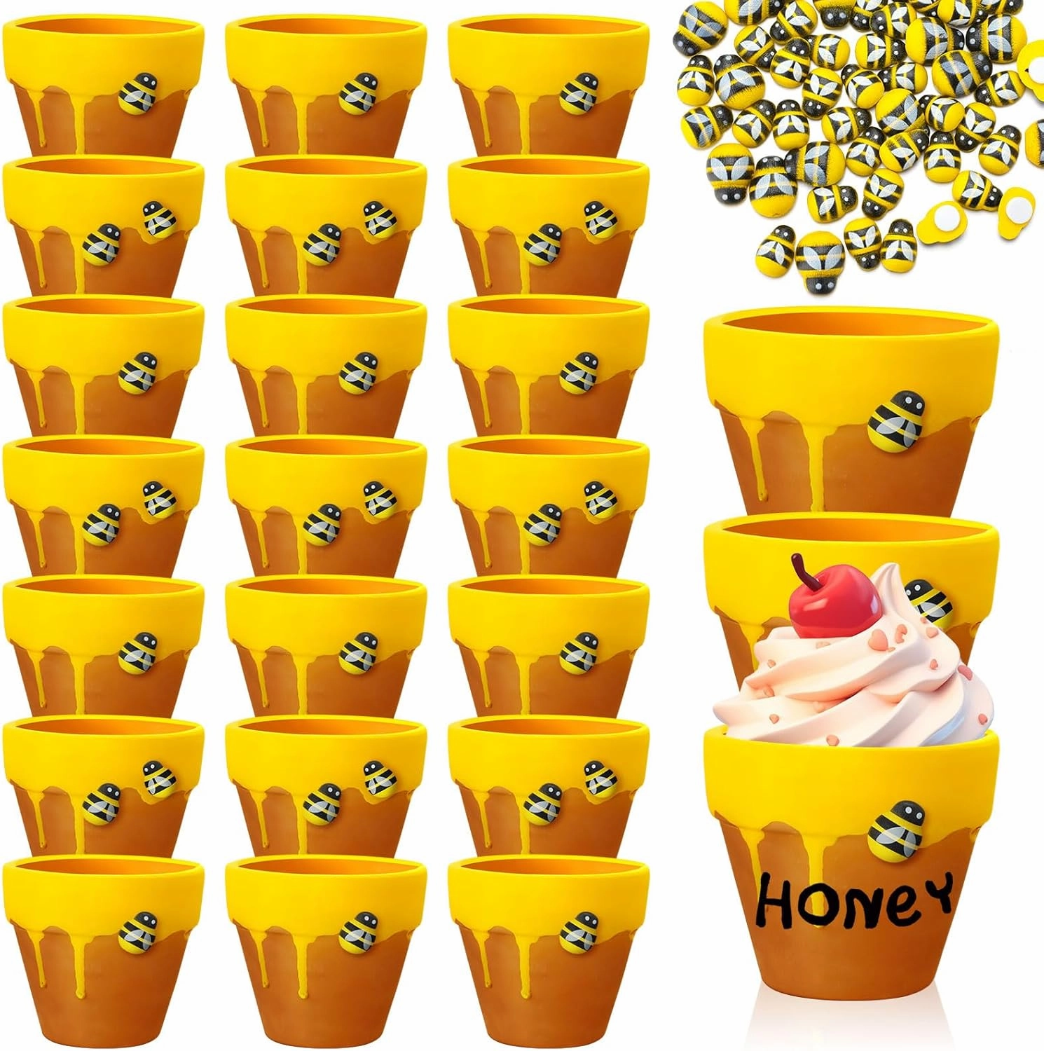 Yungyan 24 Pack Mini Honey Bee Pots with Bee Charms for Cupcake Planter Ceramic Honey Jars for Baby Shower Guests Wedding 1st Birthday Party Favors (Classic Style)