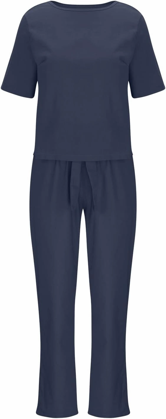 ZDRZK 2 Piece Outfits For Women Summer Cotton Linen Plus Size Short Sleeve Tops Belted Long Pants Jogger Sets